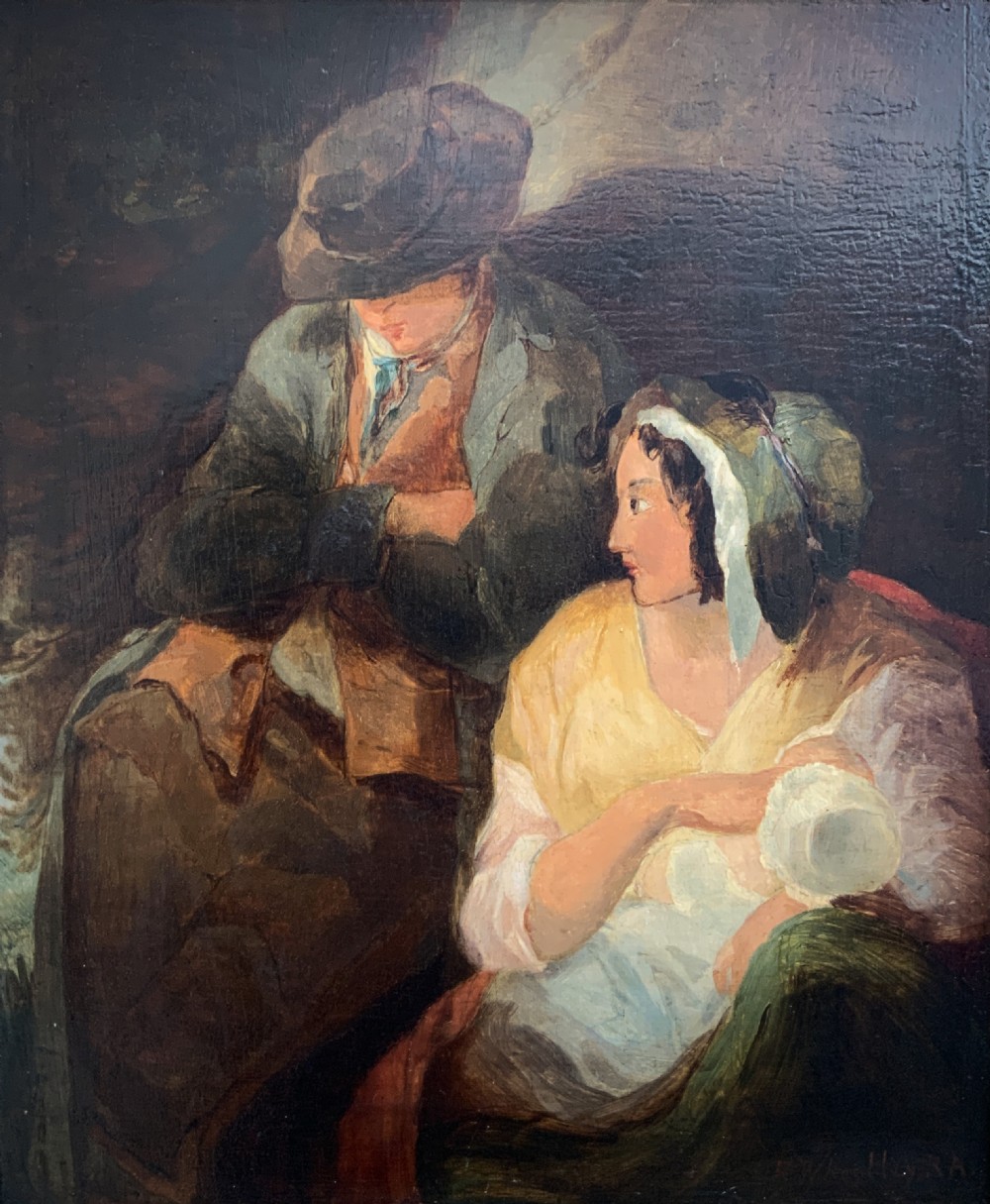 A late 19th-century Victorian oil painting on canvas depicting a seated mother nursing a child alongside a man in shadow, presented in a silvered gilt wood frame. View II