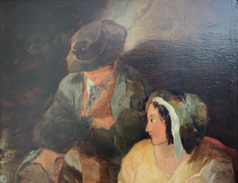 A late 19th-century Victorian oil painting on canvas depicting a seated mother nursing a child alongside a man in shadow, presented in a silvered gilt wood frame. View III