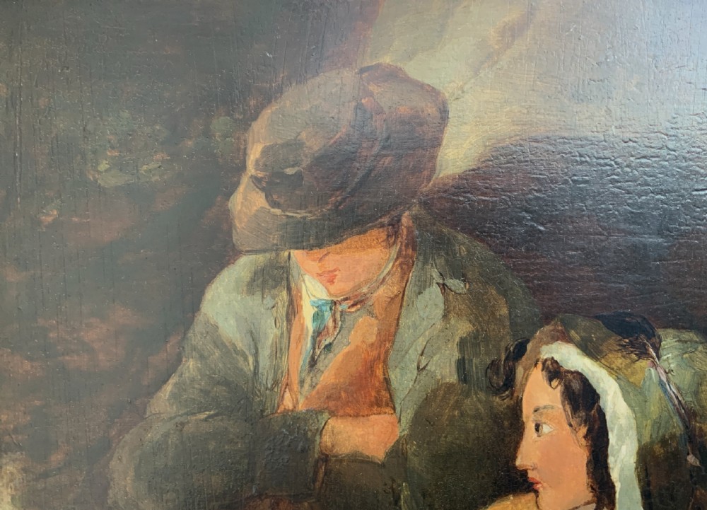 A late 19th-century Victorian oil painting on canvas depicting a seated mother nursing a child alongside a man in shadow, presented in a silvered gilt wood frame. View IV