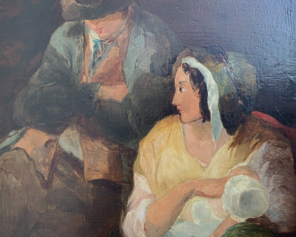 A late 19th-century Victorian oil painting on canvas depicting a seated mother nursing a child alongside a man in shadow, presented in a silvered gilt wood frame. View V