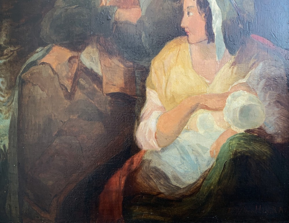 A late 19th-century Victorian oil painting on canvas depicting a seated mother nursing a child alongside a man in shadow, presented in a silvered gilt wood frame. View VI