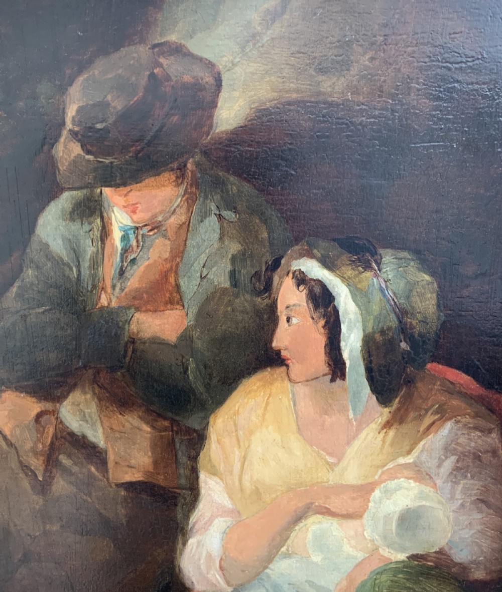 A late 19th-century Victorian oil painting on canvas depicting a seated mother nursing a child alongside a man in shadow, presented in a silvered gilt wood frame. View VII