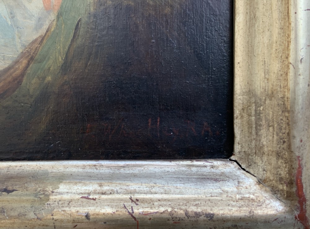 A late 19th-century Victorian oil painting on canvas depicting a seated mother nursing a child alongside a man in shadow, presented in a silvered gilt wood frame. View IX