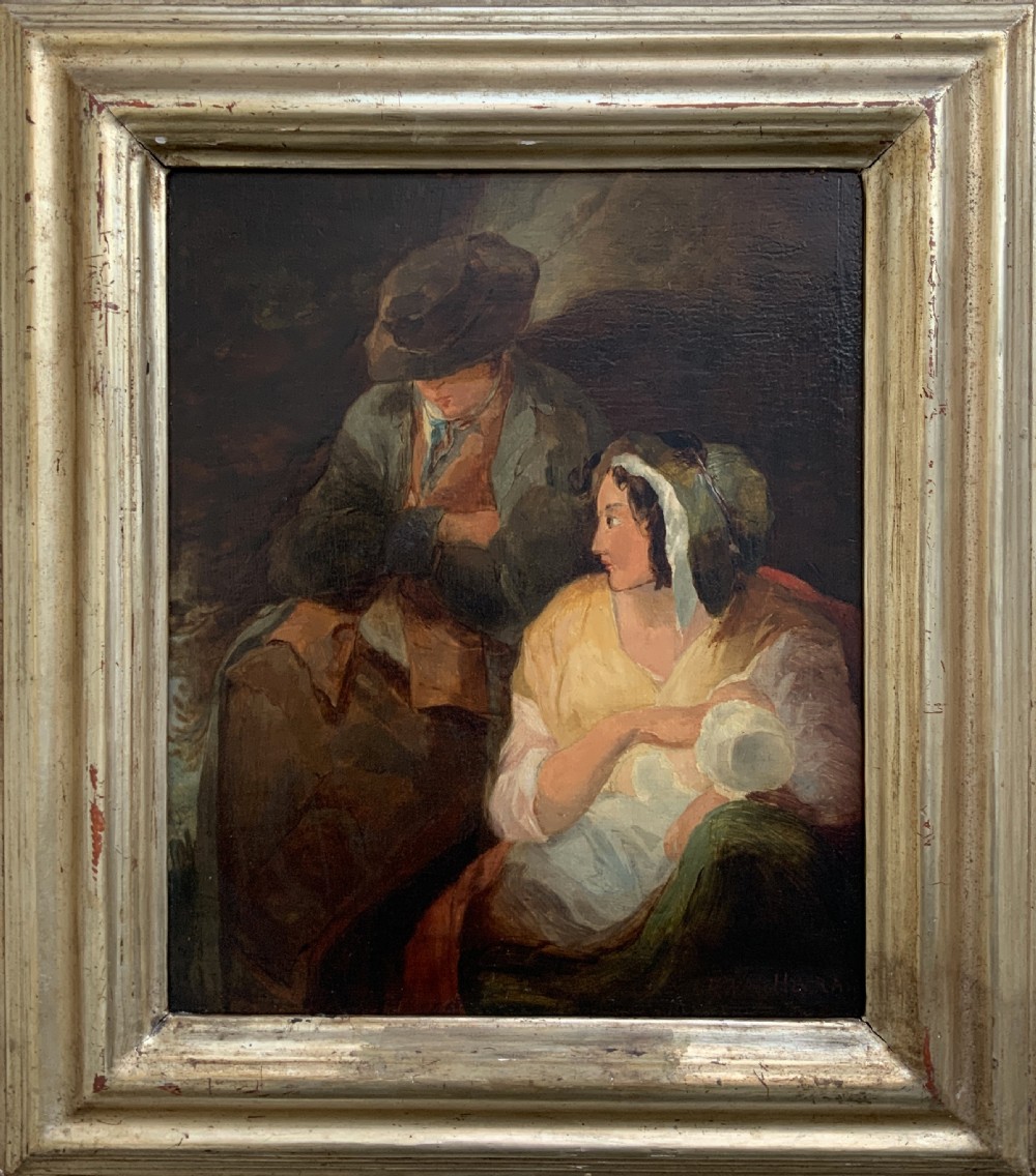 A late 19th-century Victorian oil painting on canvas depicting a seated mother nursing a child alongside a man in shadow, presented in a silvered gilt wood frame. View XII