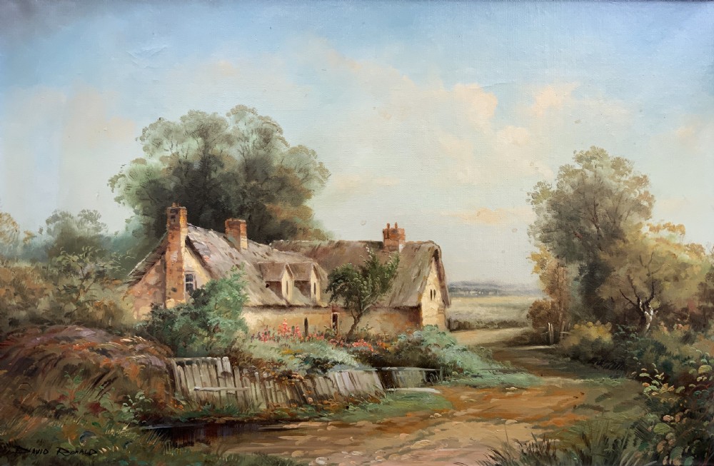 An oil painting depicting a thatched cottage along a dirt lane, housed inside an ornate swept gilt frame with scroll motifs. View III