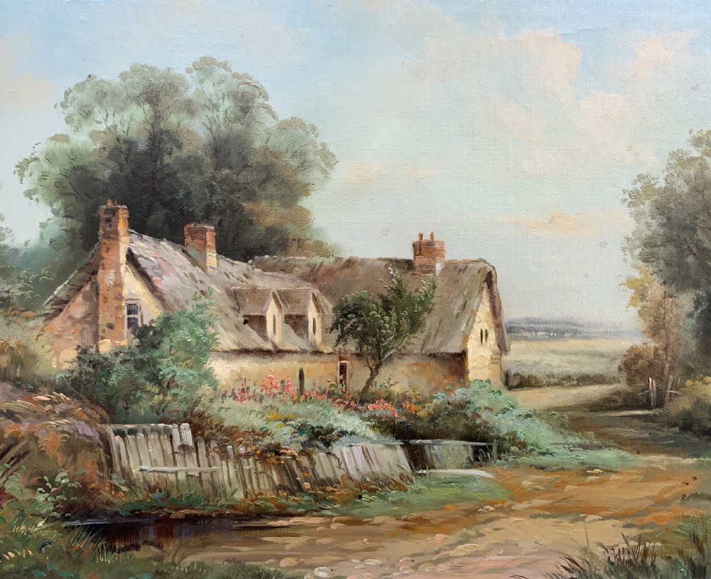 An oil painting depicting a thatched cottage along a dirt lane, housed inside an ornate swept gilt frame with scroll motifs. View IV
