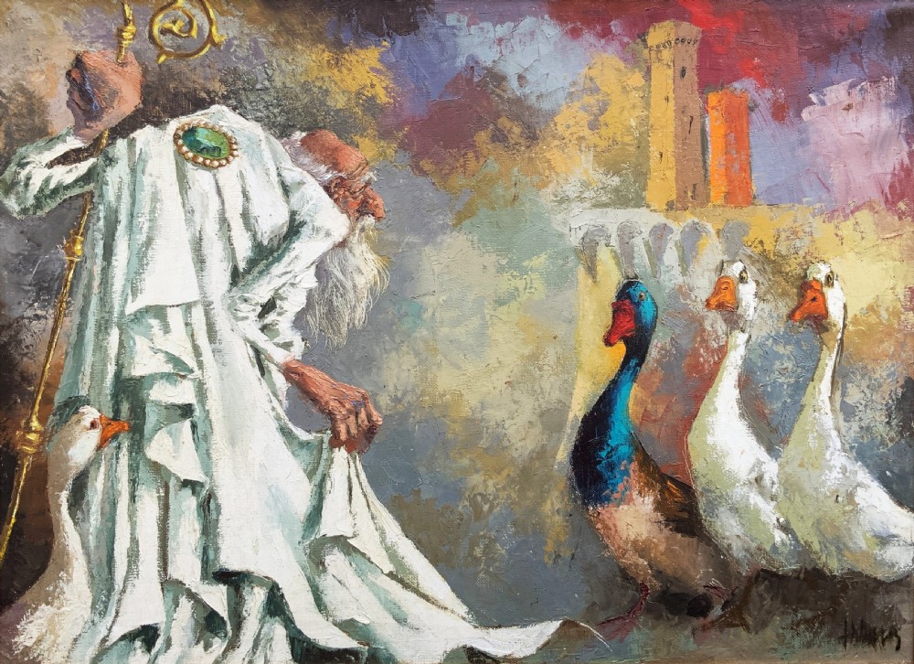 A framed oil painting featuring an archbishop in white robes standing near white geese against an architectural backdrop. View III