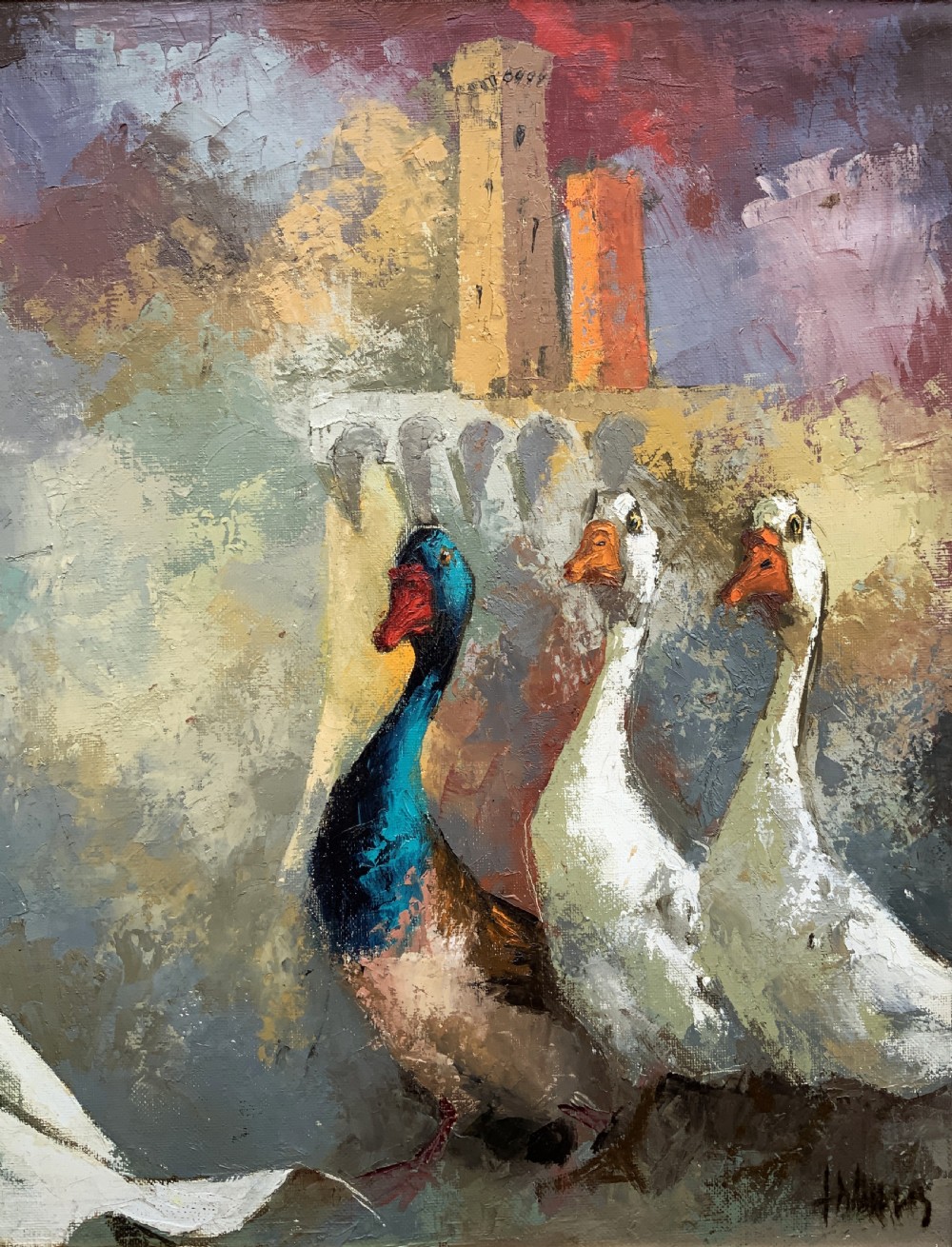 A framed oil painting featuring an archbishop in white robes standing near white geese against an architectural backdrop. View V