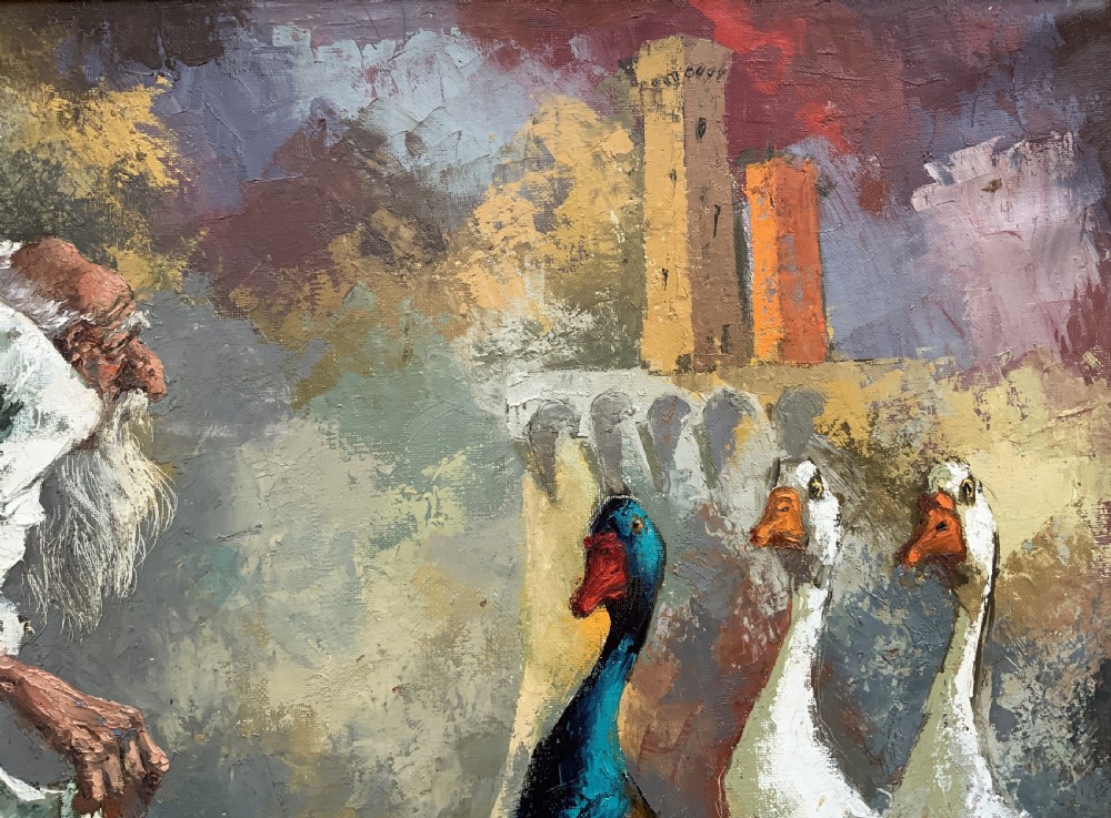 A framed oil painting featuring an archbishop in white robes standing near white geese against an architectural backdrop. View VI