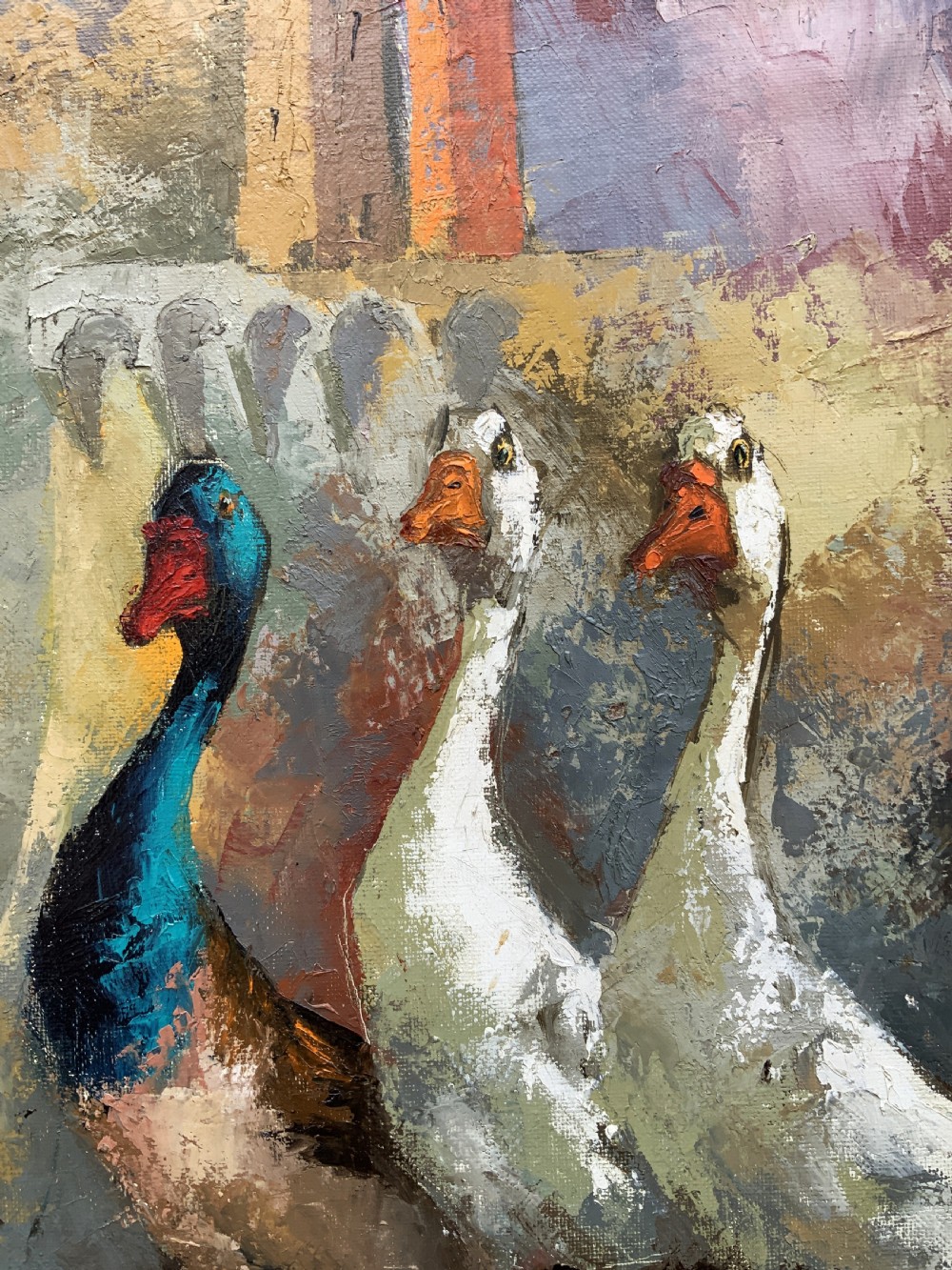 A framed oil painting featuring an archbishop in white robes standing near white geese against an architectural backdrop. View IX