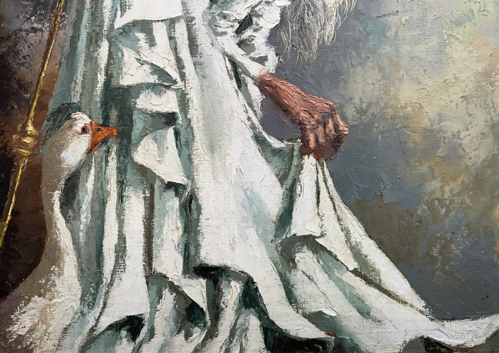 A framed oil painting featuring an archbishop in white robes standing near white geese against an architectural backdrop. View XI