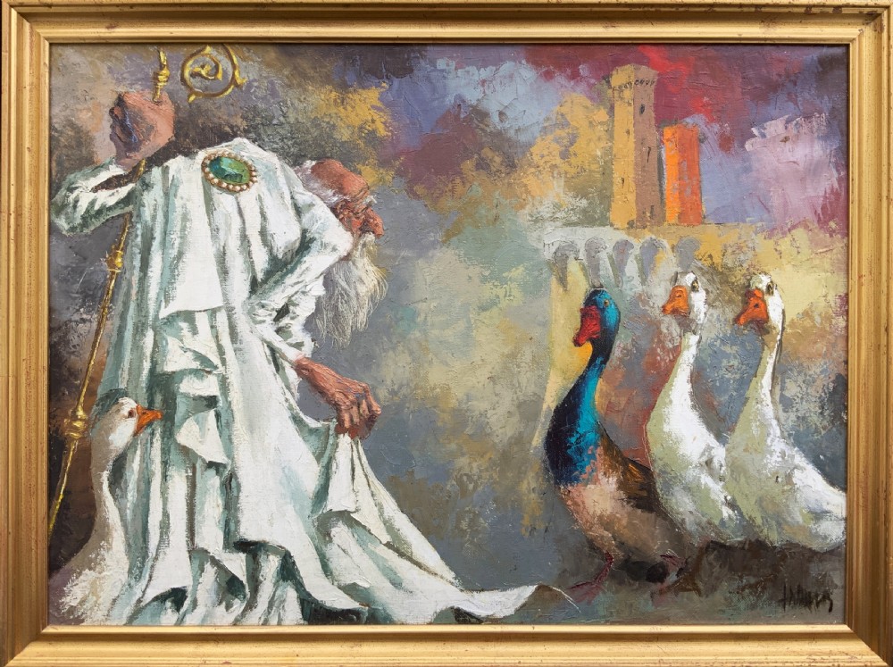 A framed oil painting featuring an archbishop in white robes standing near white geese against an architectural backdrop. View XIII