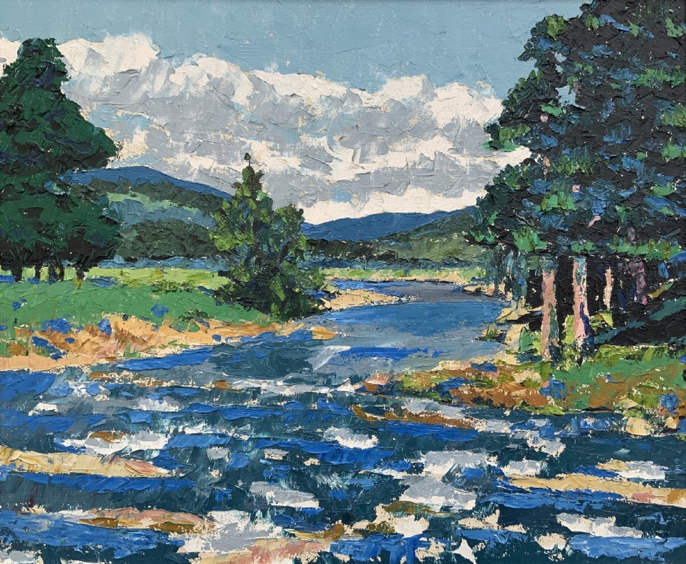 A framed mid-century impressionist oil painting depicting a blue river flowing through a green landscape with trees and hills under a cloudy sky. View IV