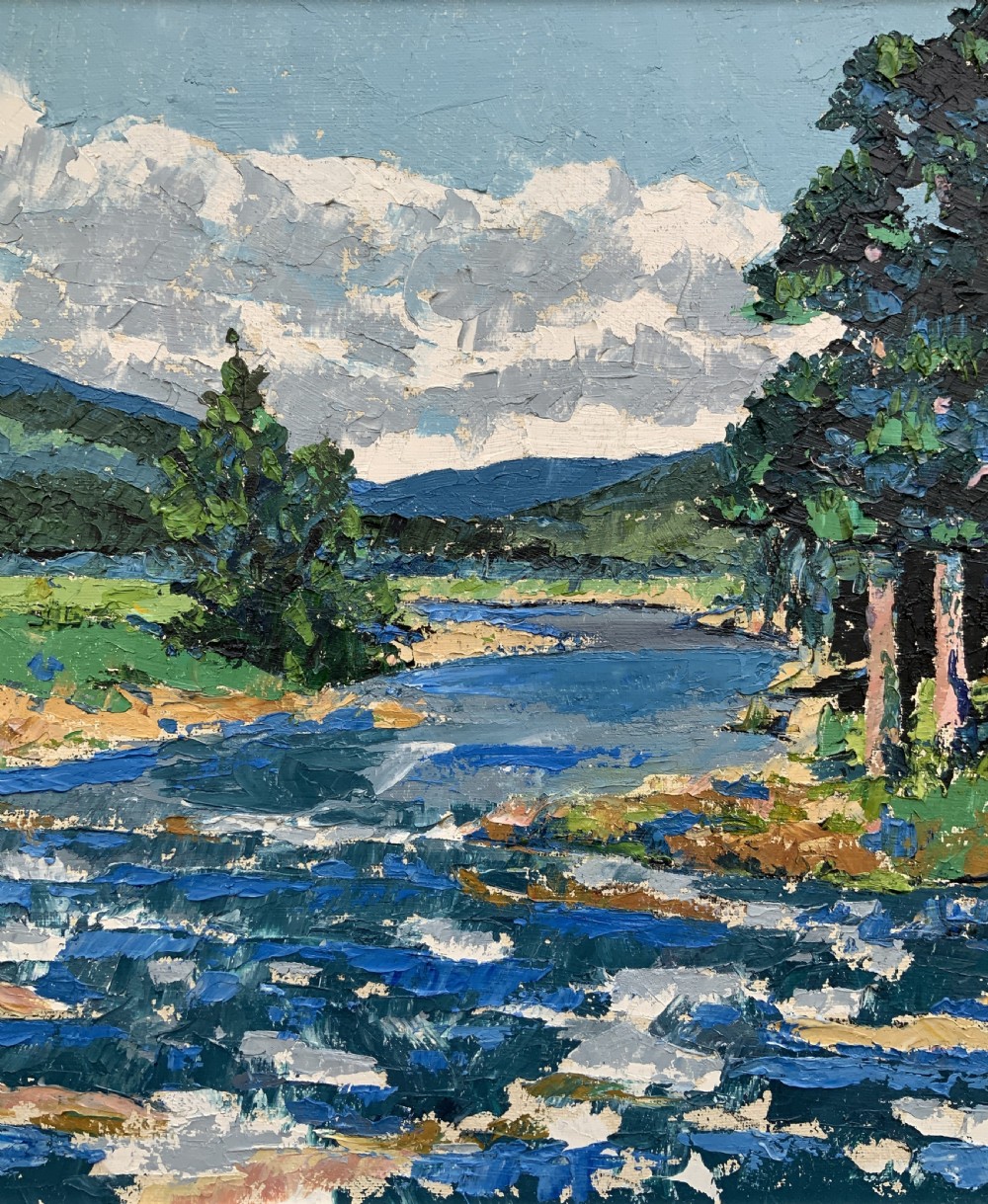 A framed mid-century impressionist oil painting depicting a blue river flowing through a green landscape with trees and hills under a cloudy sky. View VI