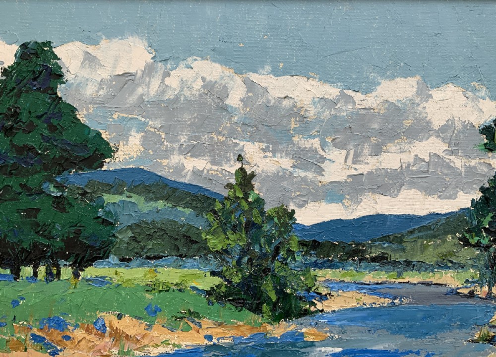 A framed mid-century impressionist oil painting depicting a blue river flowing through a green landscape with trees and hills under a cloudy sky. View VIII