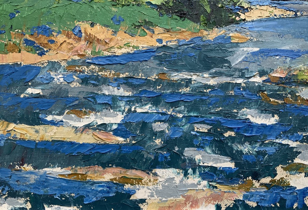 A framed mid-century impressionist oil painting depicting a blue river flowing through a green landscape with trees and hills under a cloudy sky. View IX