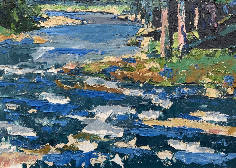 A framed mid-century impressionist oil painting depicting a blue river flowing through a green landscape with trees and hills under a cloudy sky. View X