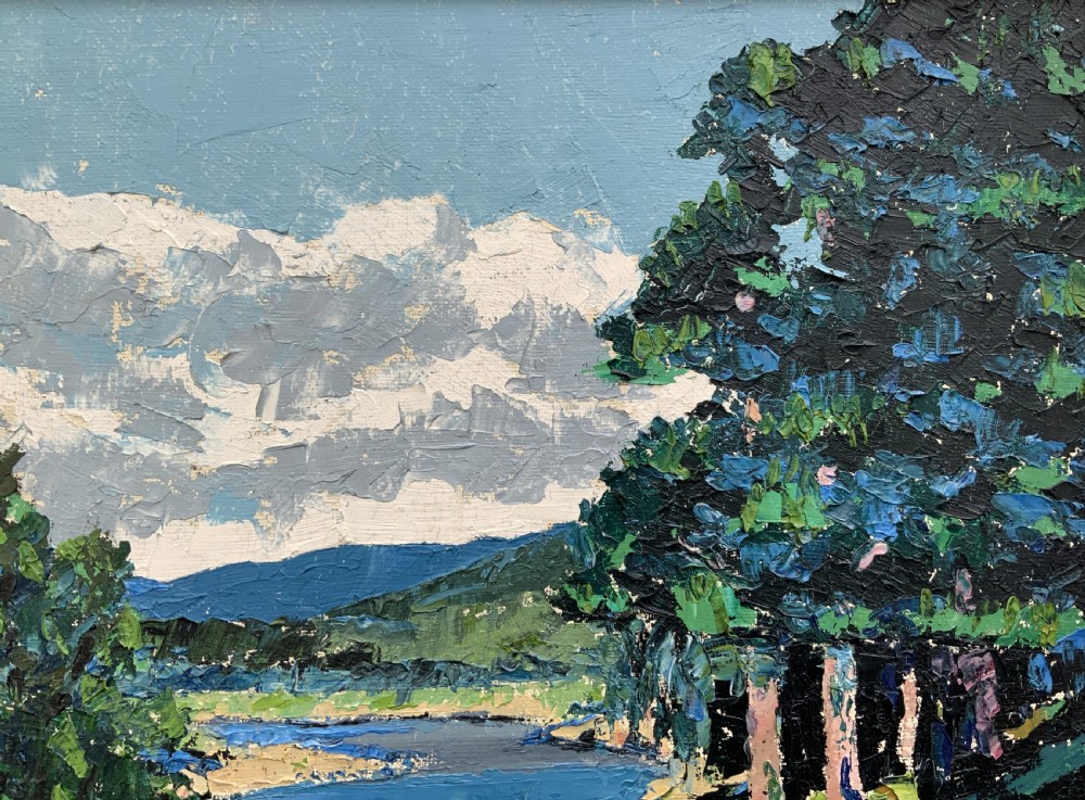 A framed mid-century impressionist oil painting depicting a blue river flowing through a green landscape with trees and hills under a cloudy sky. View XI