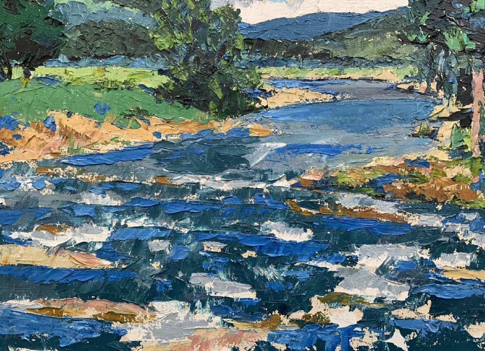 A framed mid-century impressionist oil painting depicting a blue river flowing through a green landscape with trees and hills under a cloudy sky. View XII