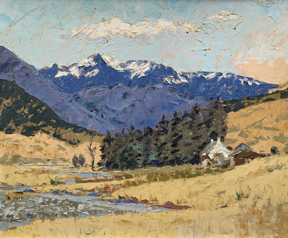 Scottish Impressionist Impasto Oil Painting Snow-Capped Landscape Mid-Century View III