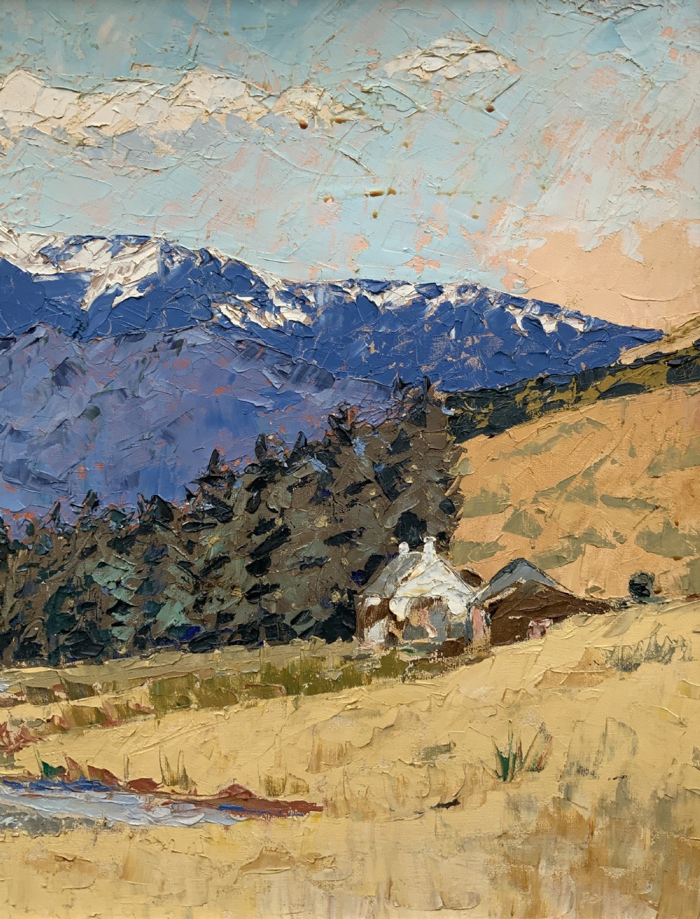 Scottish Impressionist Impasto Oil Painting Snow-Capped Landscape Mid-Century View V