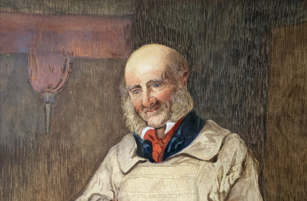 An antique watercolour painting depicting an elderly man in a smock brushing a black bowler hat, mounted inside an ornate gold gilt frame. View VI