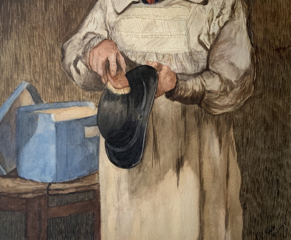 An antique watercolour painting depicting an elderly man in a smock brushing a black bowler hat, mounted inside an ornate gold gilt frame. View VII