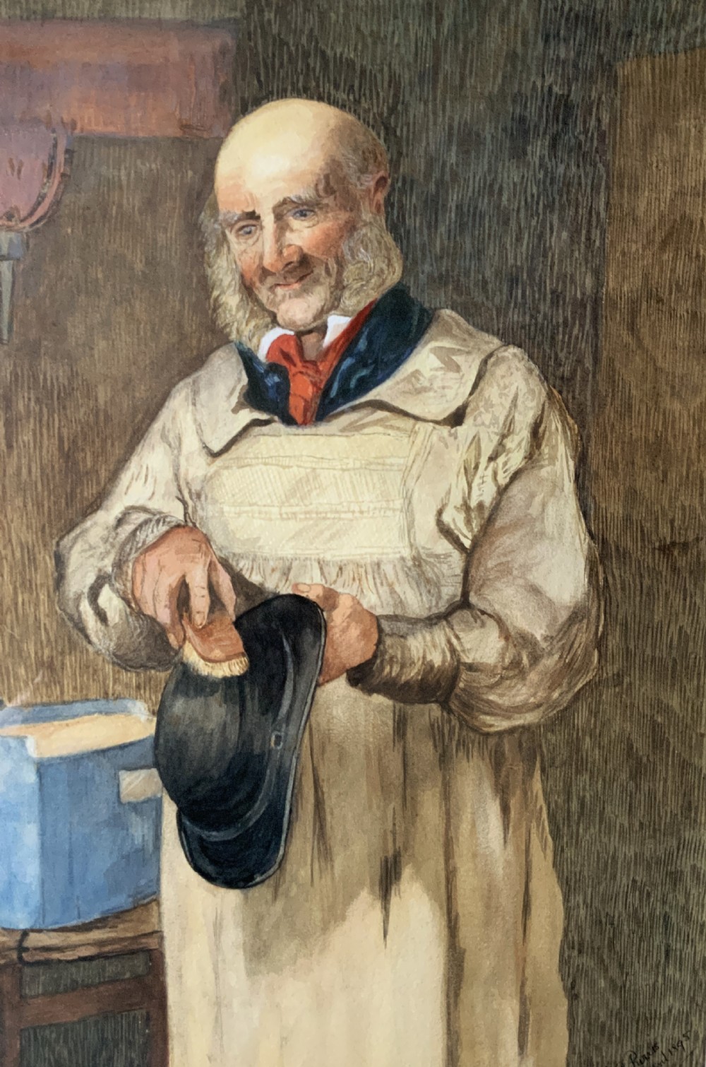 An antique watercolour painting depicting an elderly man in a smock brushing a black bowler hat, mounted inside an ornate gold gilt frame. View IX