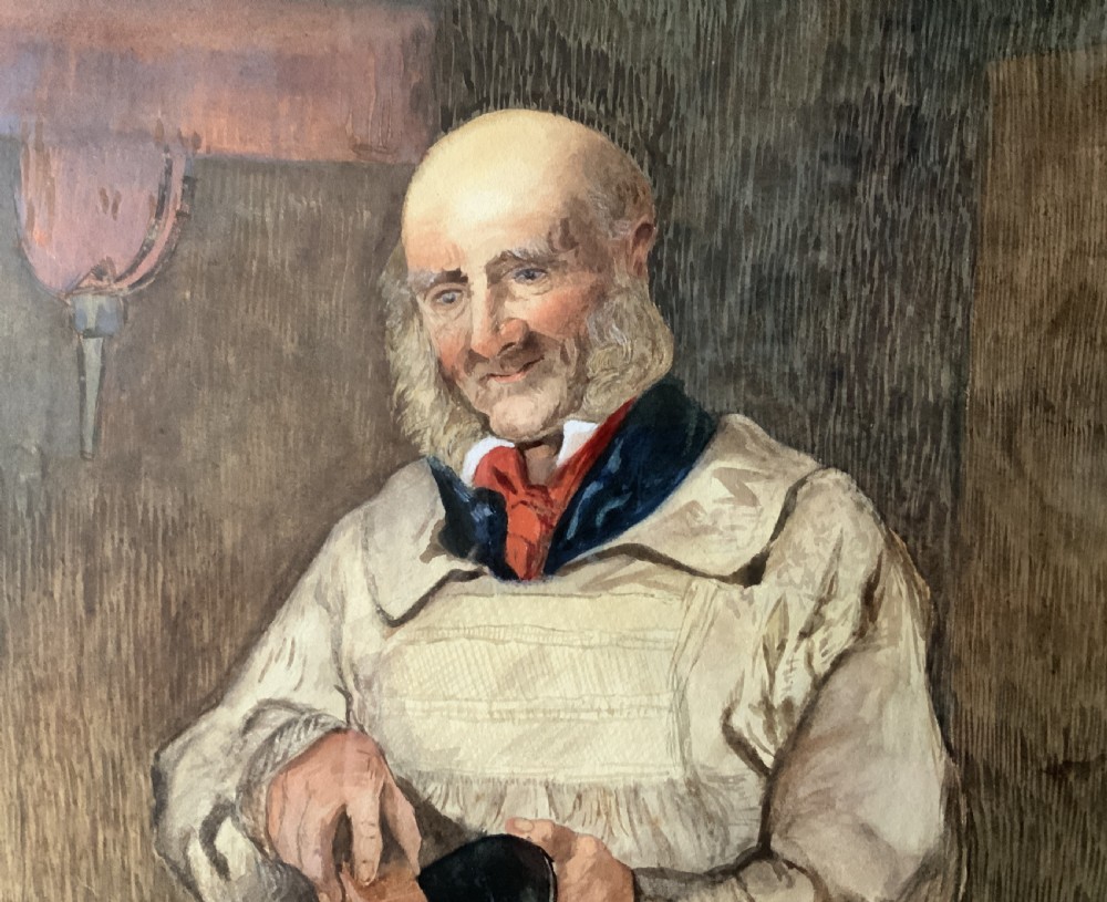 An antique watercolour painting depicting an elderly man in a smock brushing a black bowler hat, mounted inside an ornate gold gilt frame. View XI
