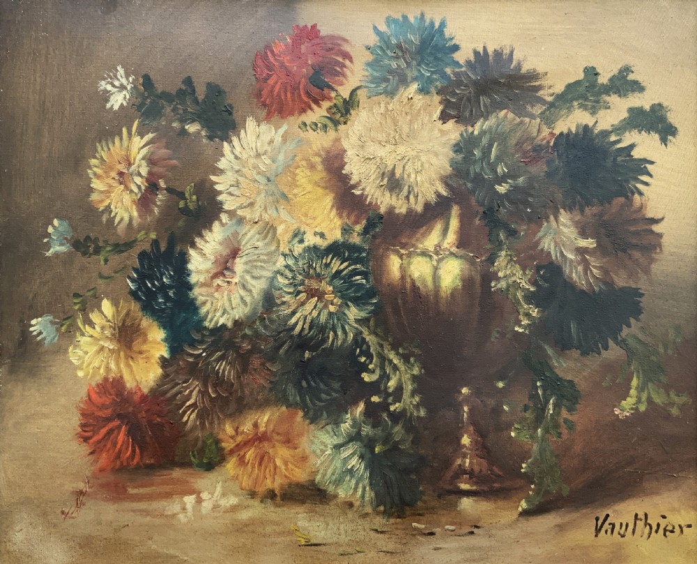 A 19th-century floral oil painting on canvas depicting a dense bouquet of colourful flowers in a vase, enclosed within an ornate, deeply carved gold frame. View III