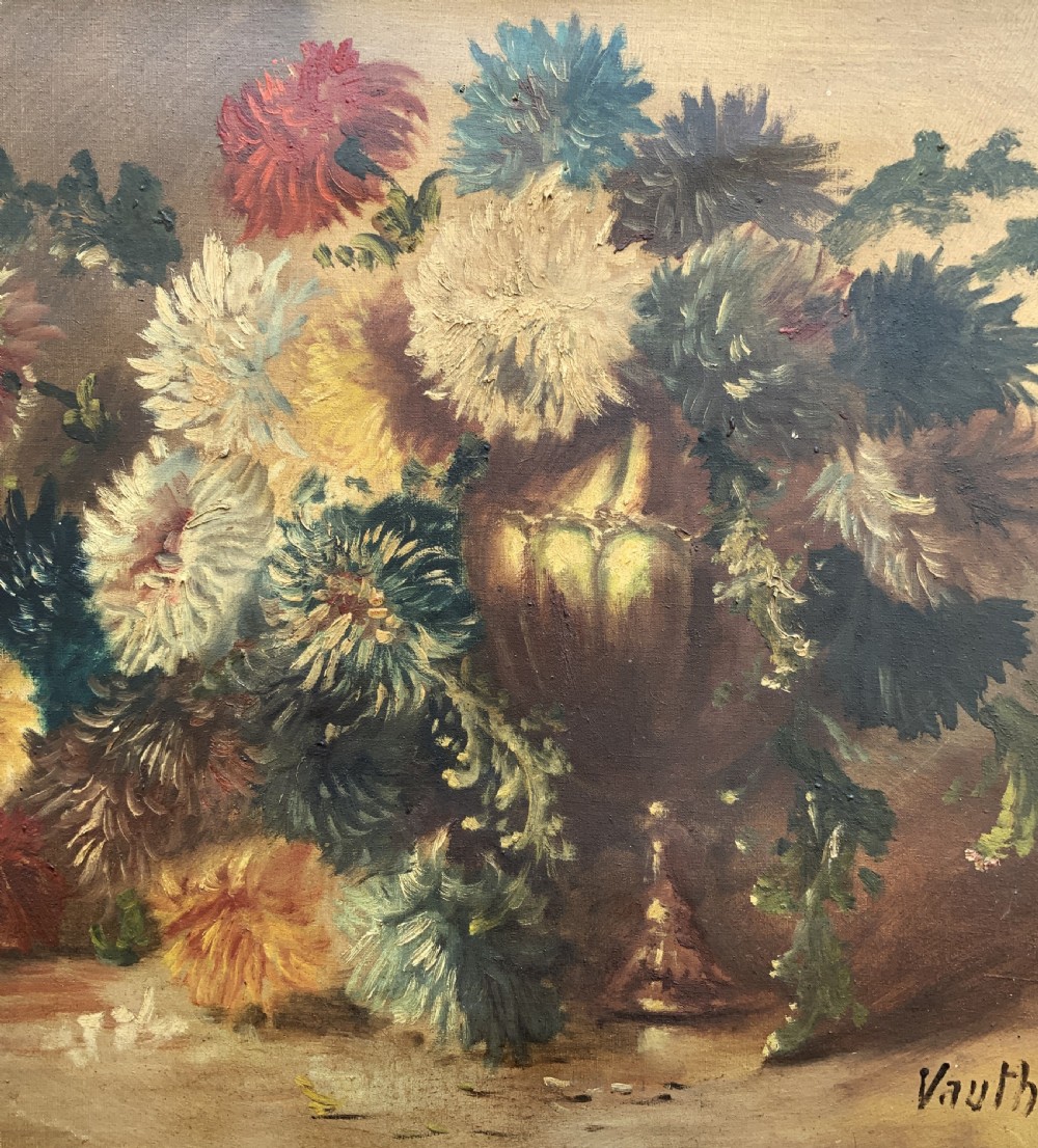 A 19th-century floral oil painting on canvas depicting a dense bouquet of colourful flowers in a vase, enclosed within an ornate, deeply carved gold frame. View IV