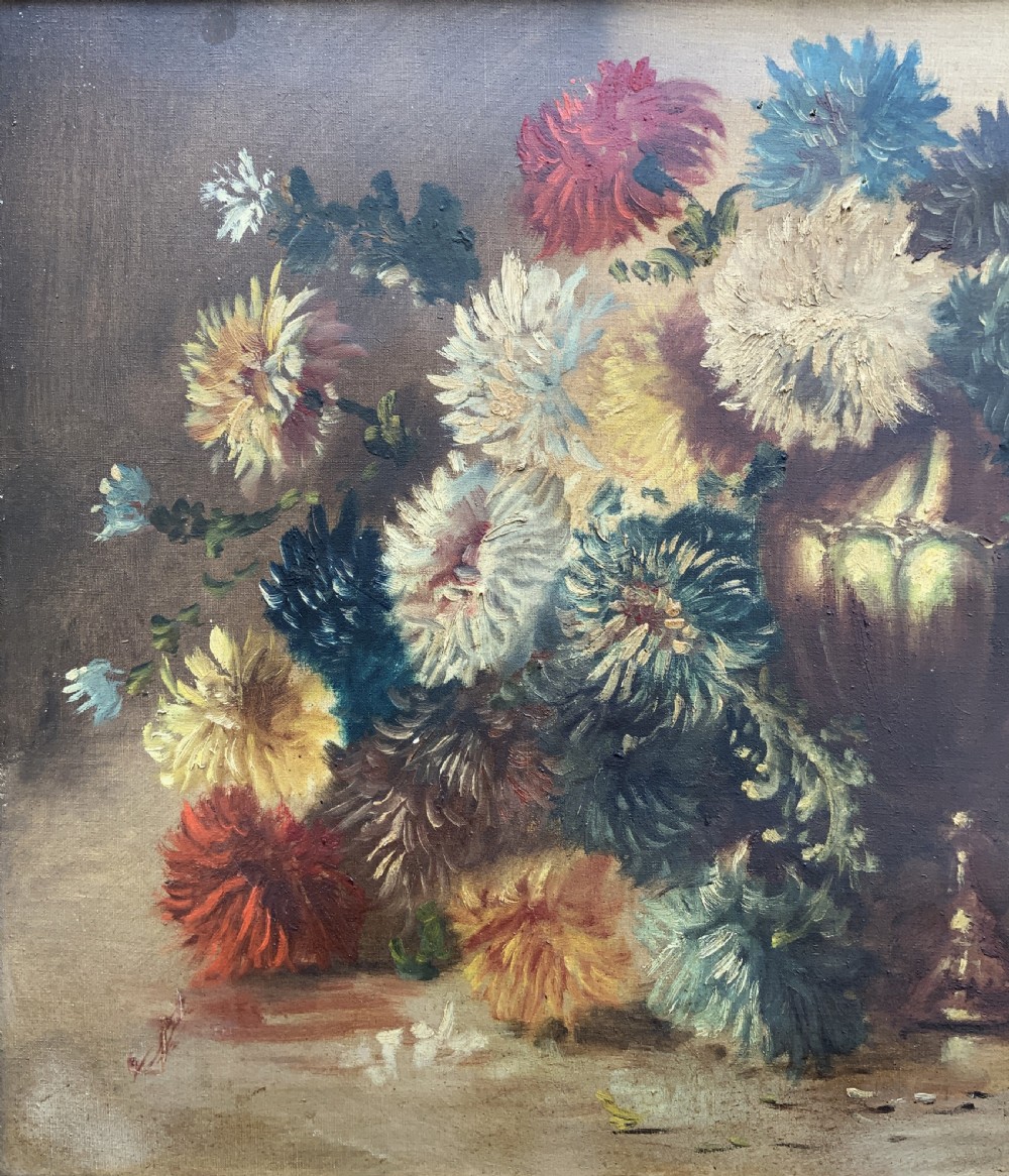 A 19th-century floral oil painting on canvas depicting a dense bouquet of colourful flowers in a vase, enclosed within an ornate, deeply carved gold frame. View VI