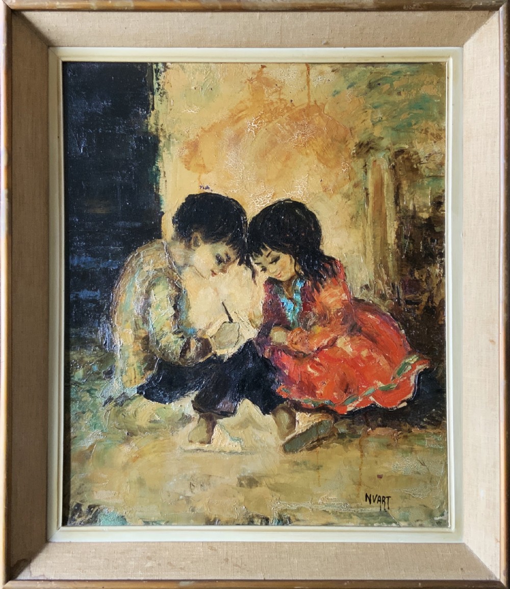 Superb Impressionist Double Impasto Oil Portrait Painting Mid-Century Children