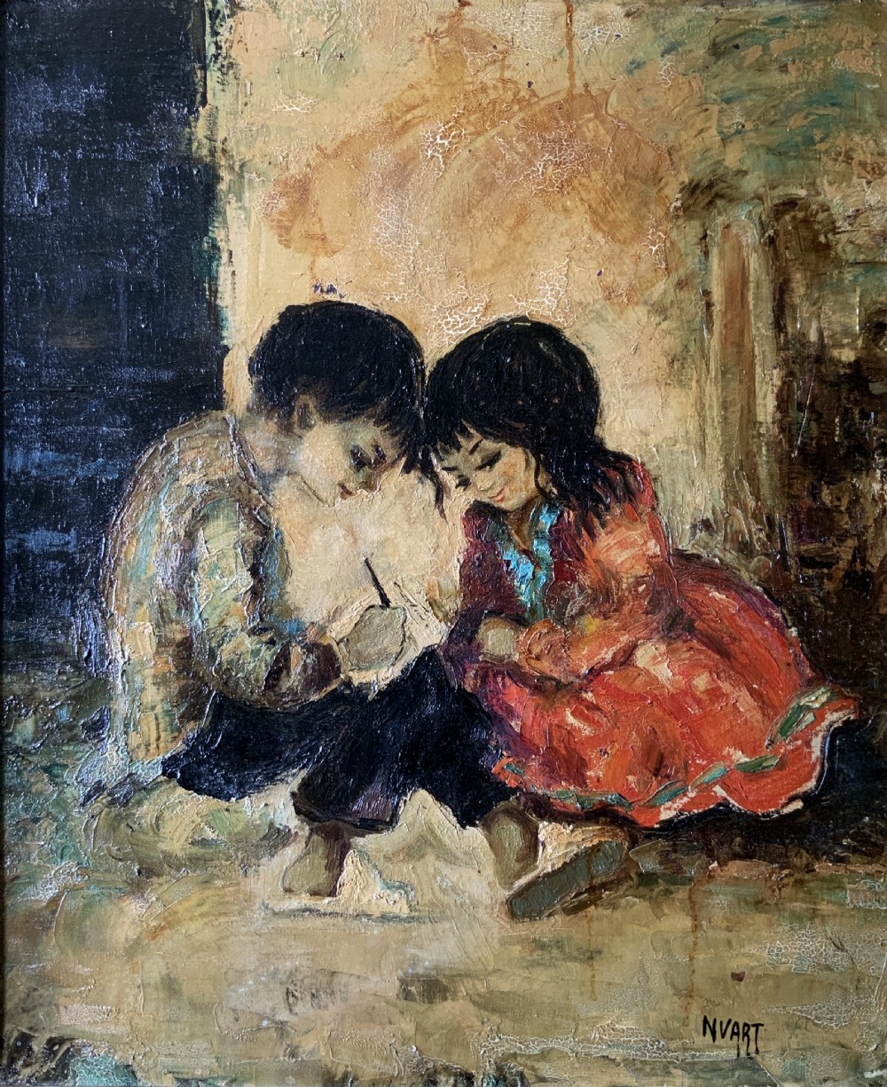 Superb Impressionist Double Impasto Oil Portrait Painting Mid-Century Children View III