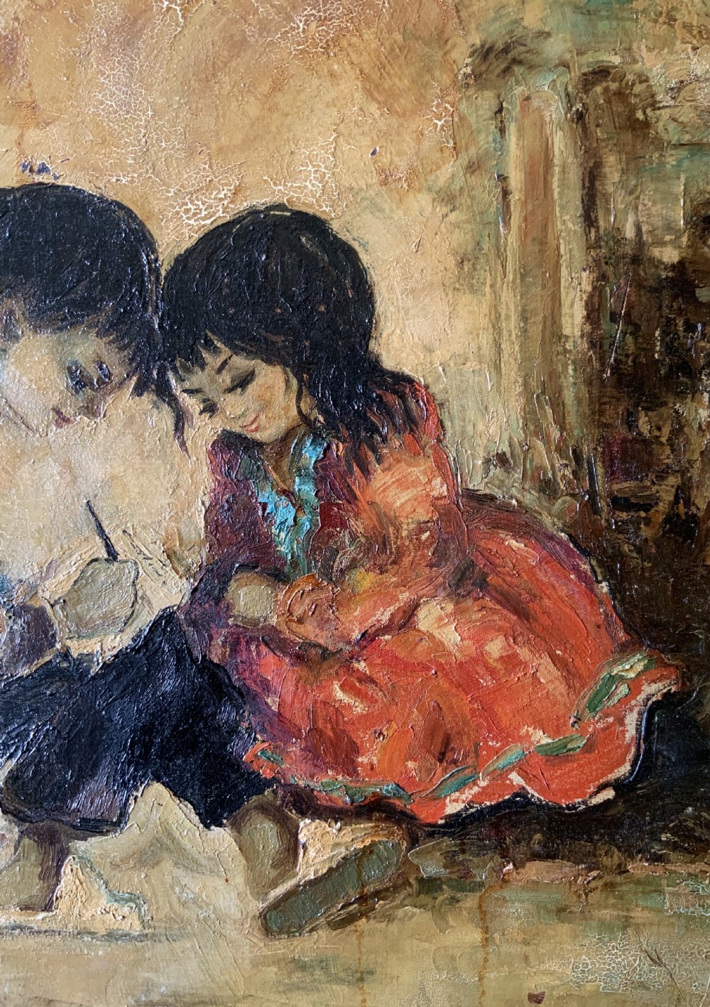 Superb Impressionist Double Impasto Oil Portrait Painting Mid-Century Children View V