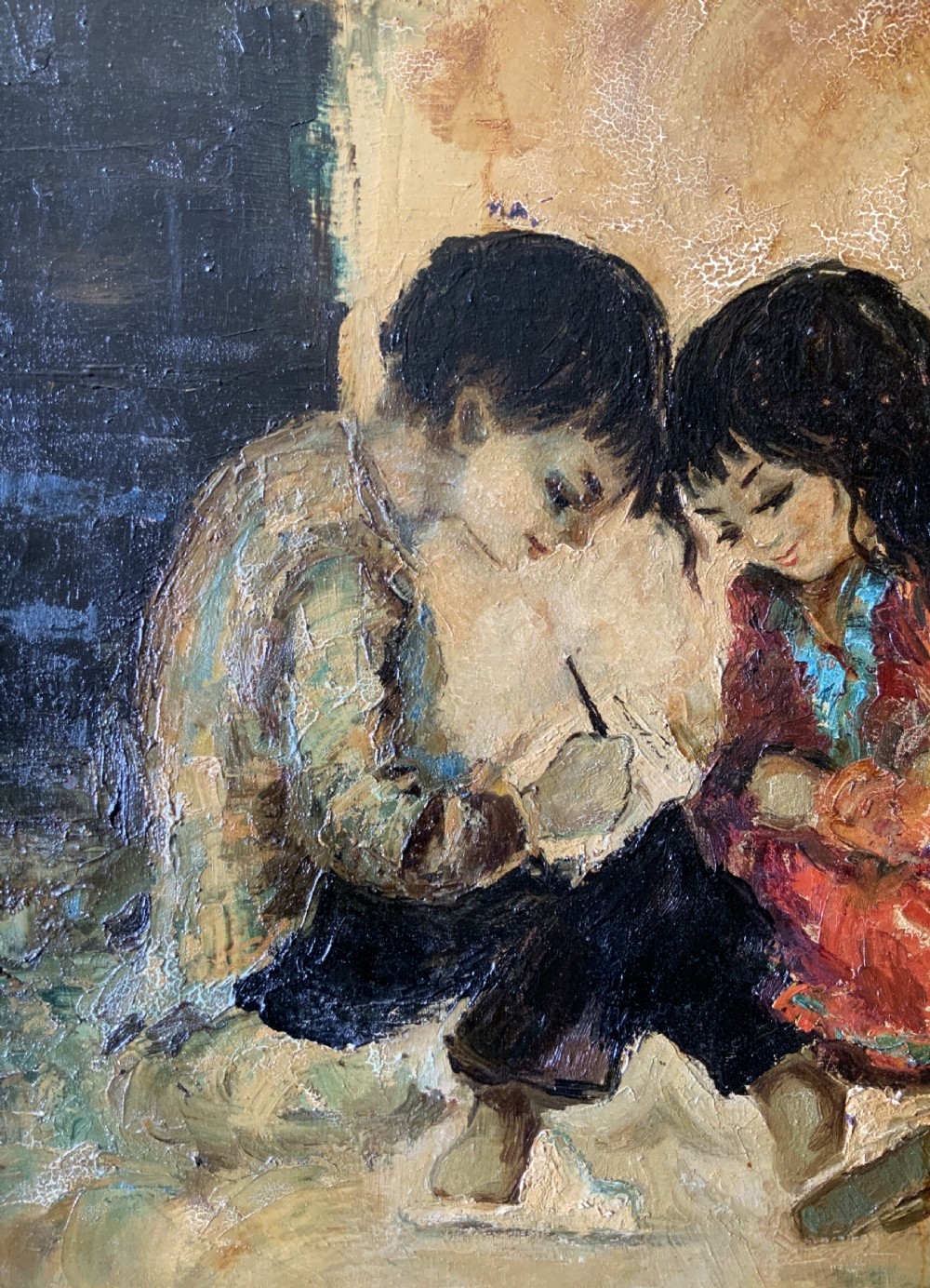 Superb Impressionist Double Impasto Oil Portrait Painting Mid-Century Children View VI
