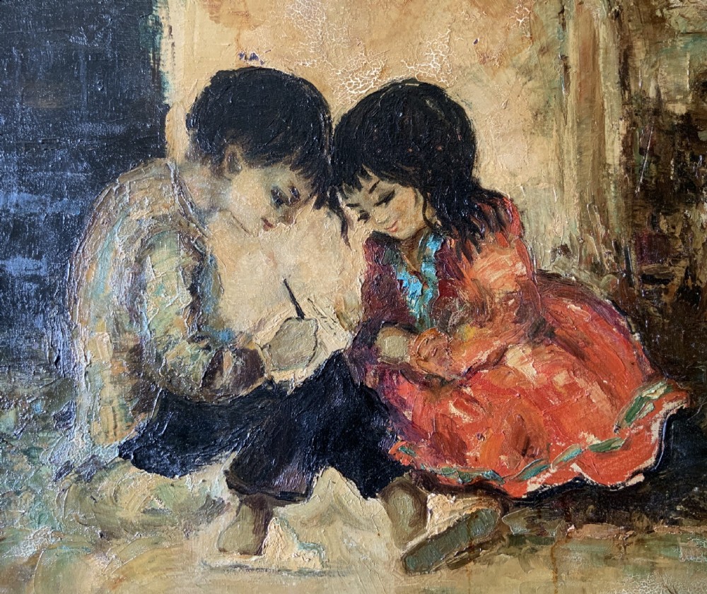 Superb Impressionist Double Impasto Oil Portrait Painting Mid-Century Children View VIII
