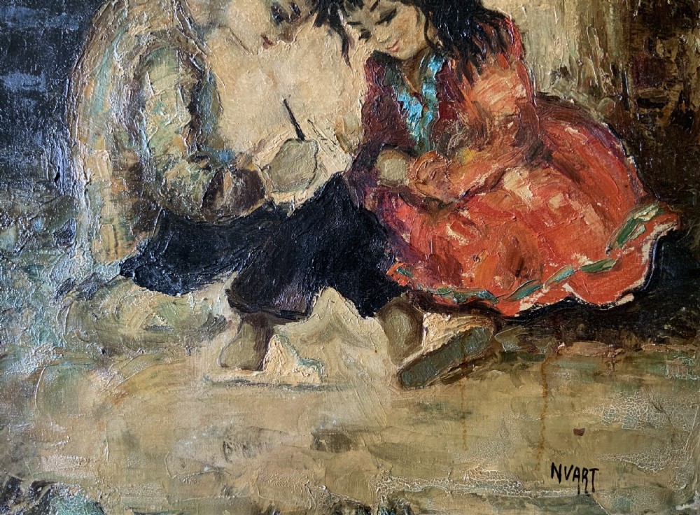 Superb Impressionist Double Impasto Oil Portrait Painting Mid-Century Children View IX