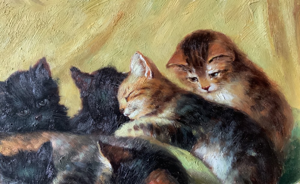An oil painting on a wooden panel depicting a mother cat and five kittens resting on a green fabric, housed in a wide gilt frame. View VII