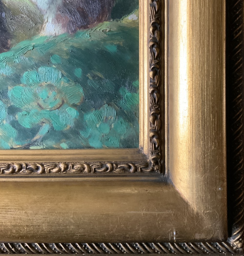 An oil painting on a wooden panel depicting a mother cat and five kittens resting on a green fabric, housed in a wide gilt frame. View XI