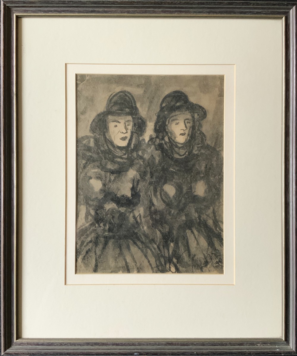 Twin Sisters by Jean-Georges Simon (1894-1968) Ink and Wash Portrait Painting