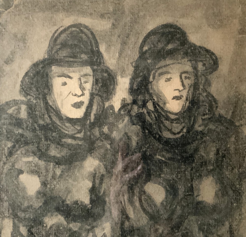 Twin Sisters by Jean-Georges Simon (1894-1968) Ink and Wash Portrait Painting View IV