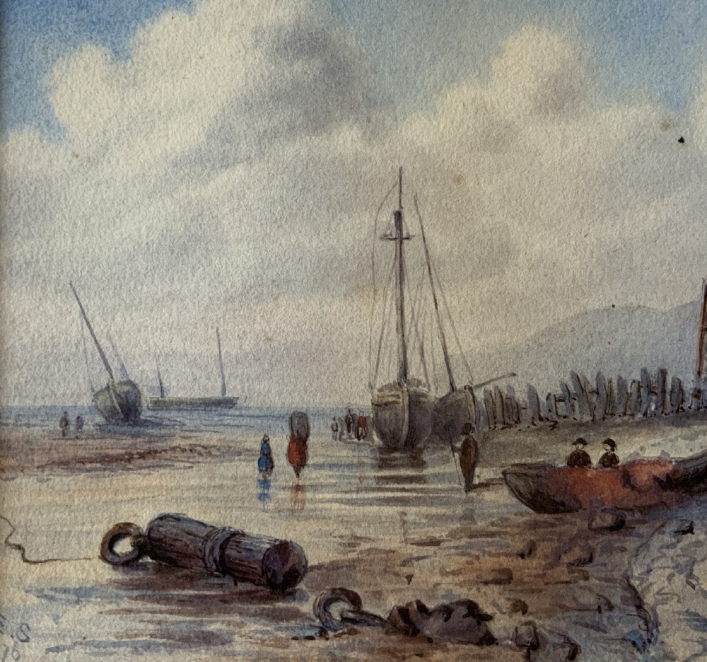 Seascape Watercolour Painting by Rose Emily Stanton (1838-1908) Harbour & Boats View IV