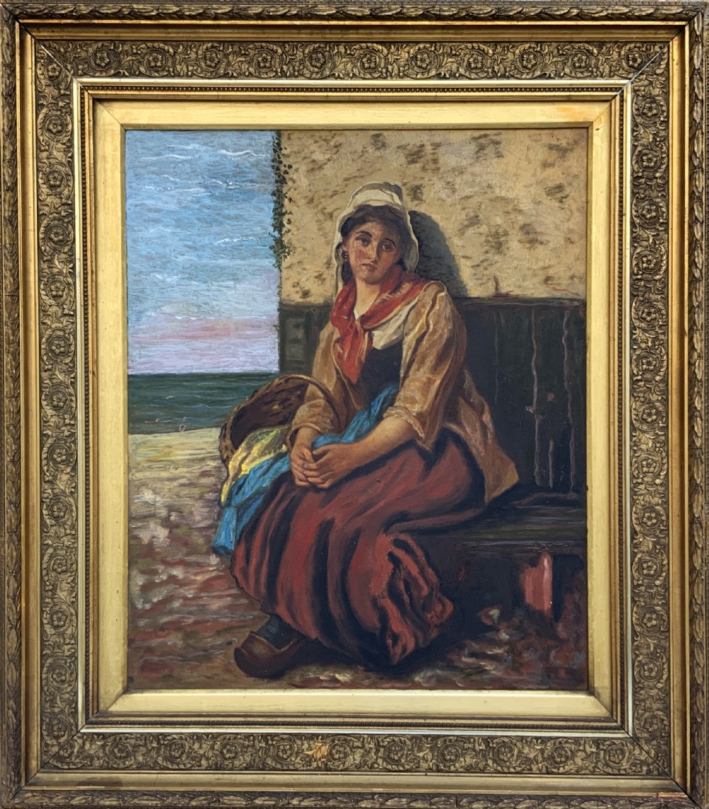 A 19th-century oil painting depicting a young Dutch fisher girl in traditional costume seated near the sea, housed within an ornate gilt wooden frame.