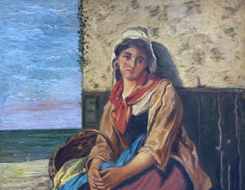 A 19th-century oil painting depicting a young Dutch fisher girl in traditional costume seated near the sea, housed within an ornate gilt wooden frame. View IV