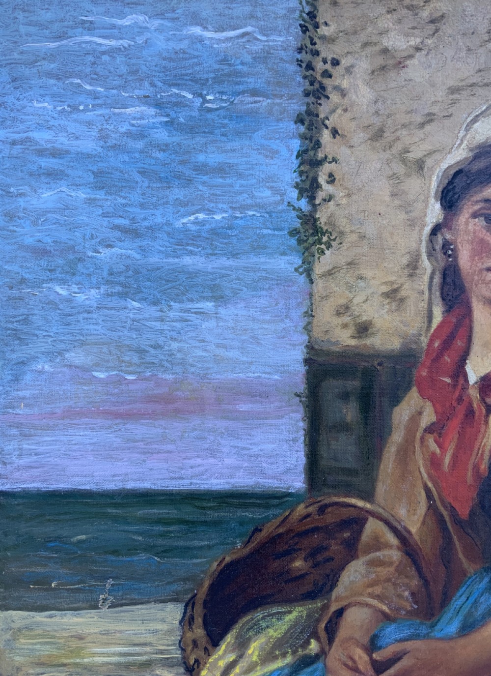 A 19th-century oil painting depicting a young Dutch fisher girl in traditional costume seated near the sea, housed within an ornate gilt wooden frame. View VIII