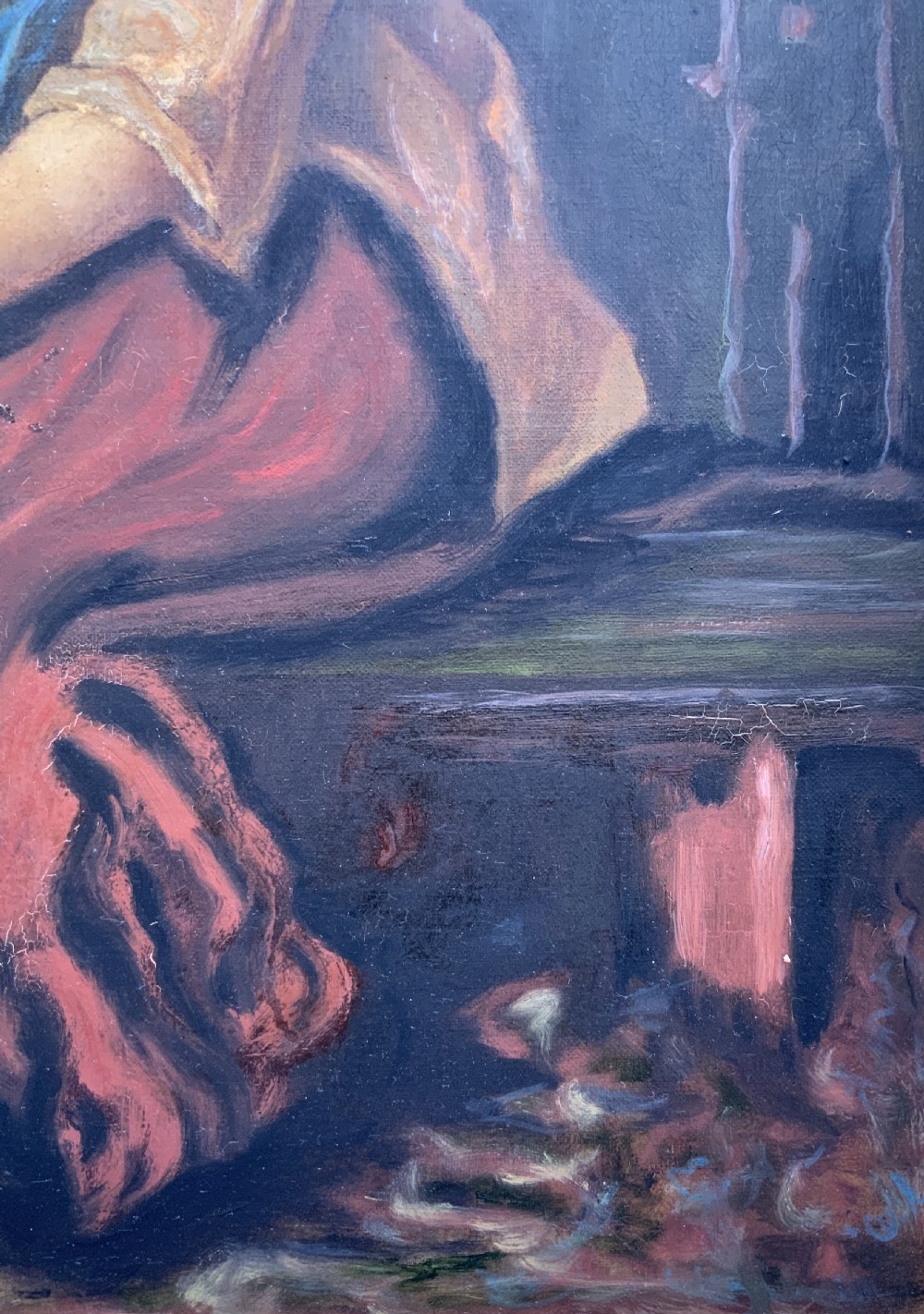 A 19th-century oil painting depicting a young Dutch fisher girl in traditional costume seated near the sea, housed within an ornate gilt wooden frame. View X