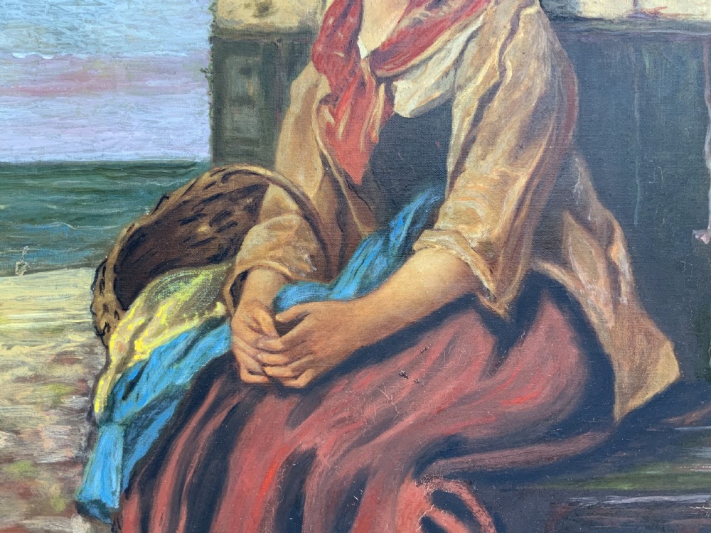 A 19th-century oil painting depicting a young Dutch fisher girl in traditional costume seated near the sea, housed within an ornate gilt wooden frame. View XIII