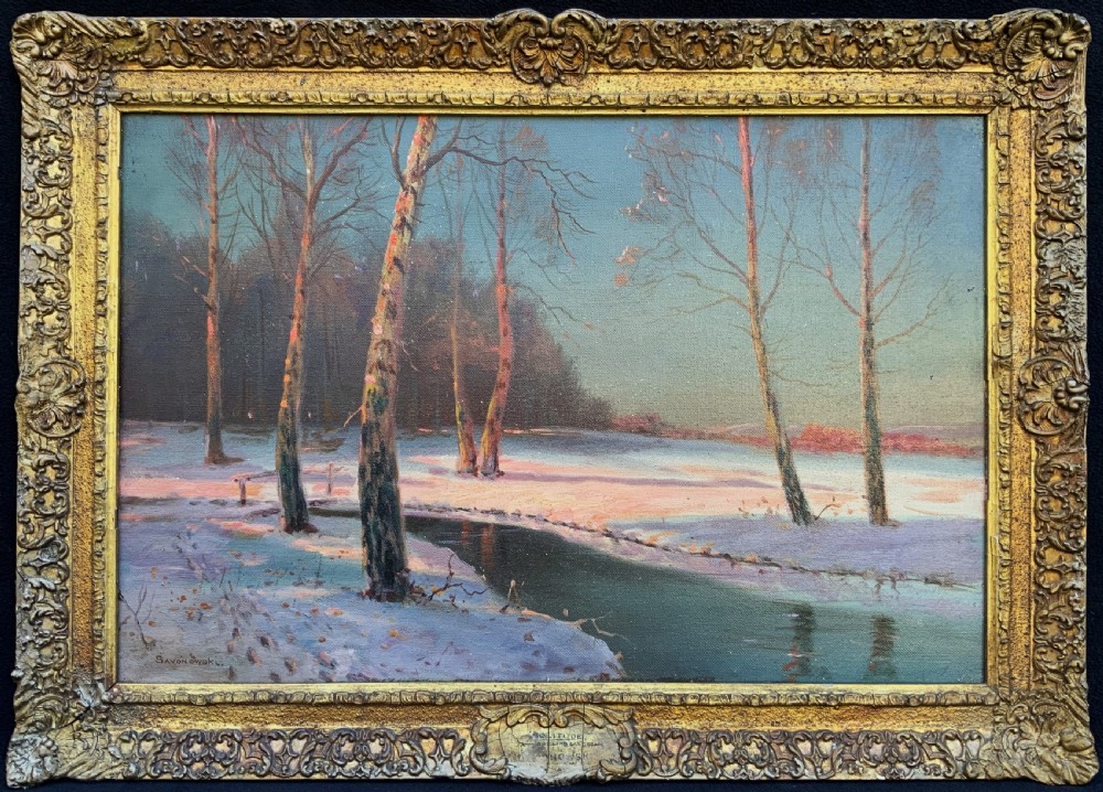 Sevonowski School - Winter Landscape At Sunset Antique Oil Painting