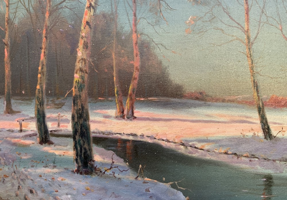 Sevonowski School - Winter Landscape At Sunset Antique Oil Painting View III